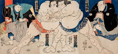 Die Sumo-Ringer Shiranui Dakuemon (Mitte links), Tsurugizan Taniemon (Mitte rechts) mit Schiedsrichter von Utagawa Kuniyoshi